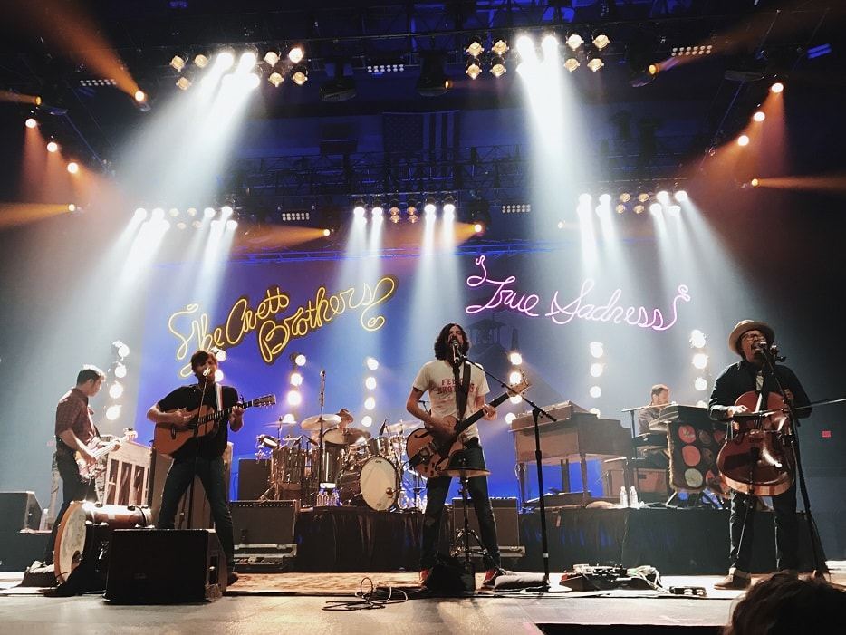 Band performing live on a lit stage